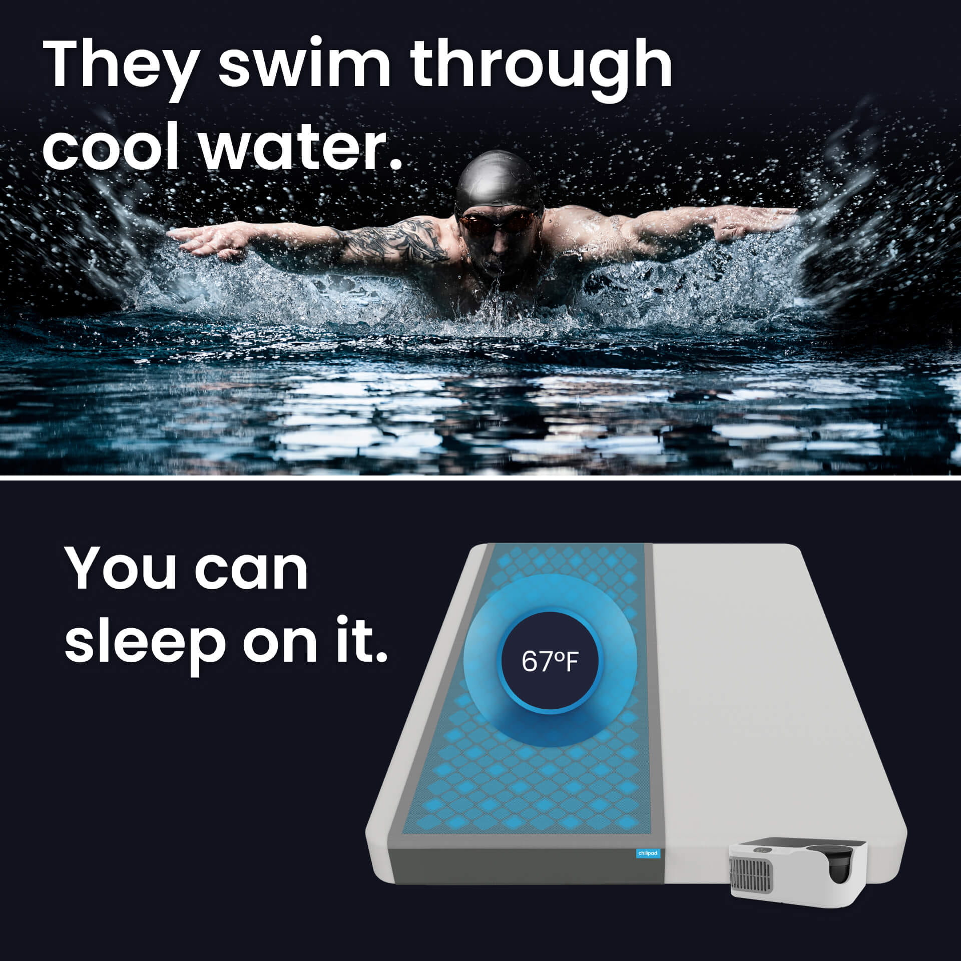 Image of chilipad with analogy of a swimmer swimming through cool water.