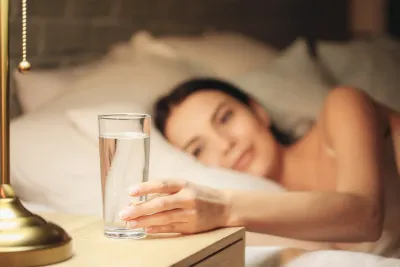 Female drinking water in bed
